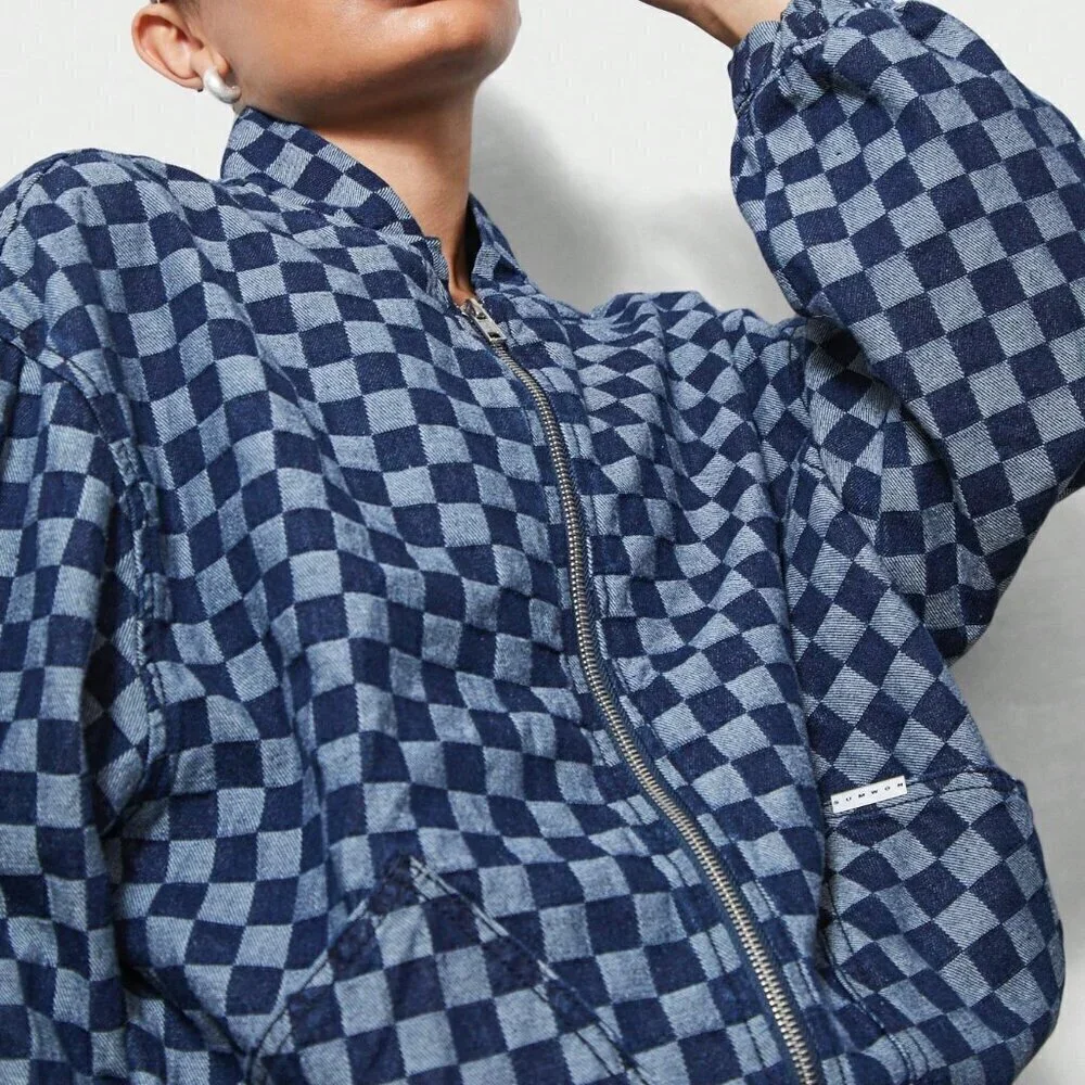 Blue Casual Women's Denim Checkboard Bomber Zip Through Jacket